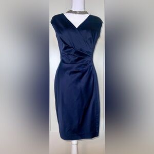 LAUREN RALPH LAUREN navy blue satin ruched front faux wrap cocktail dress size 8